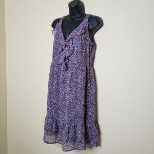 LOFT Women's Flowy Purple & Gray Ruffle V-neck Ruffle Hem Career Midi Dress 10